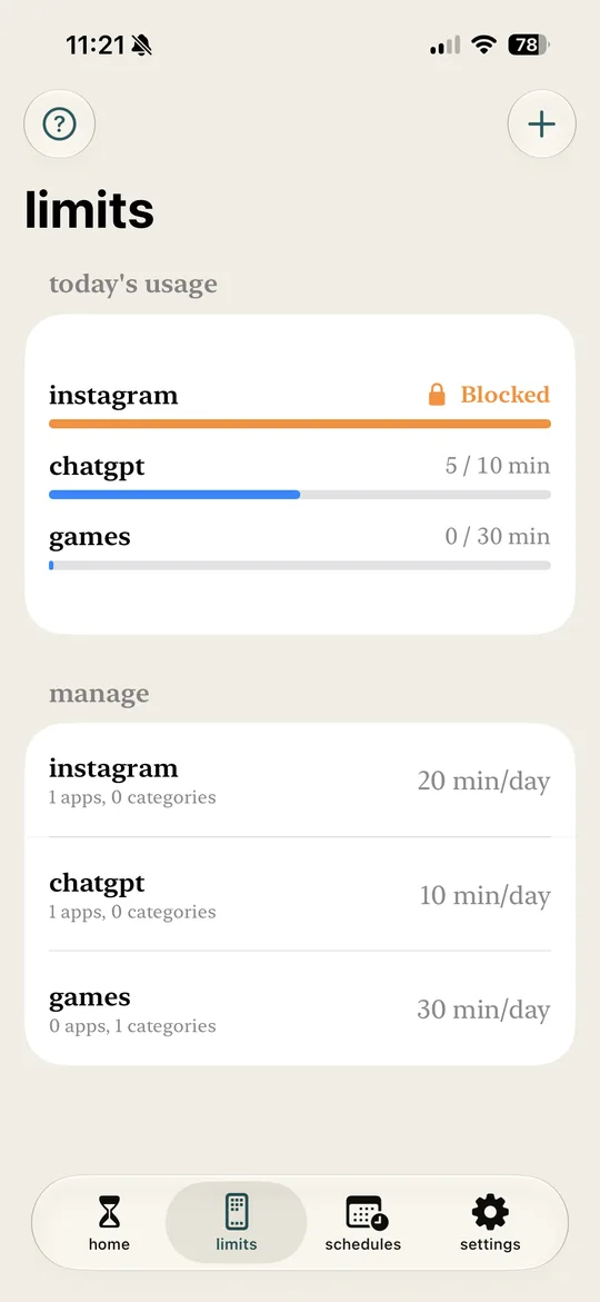 Per-app daily time limits