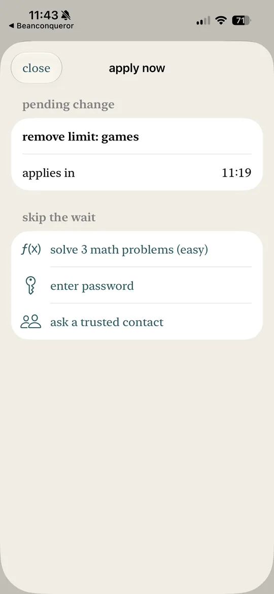 A pending change with options to skip the wait: a password or a trusted contact